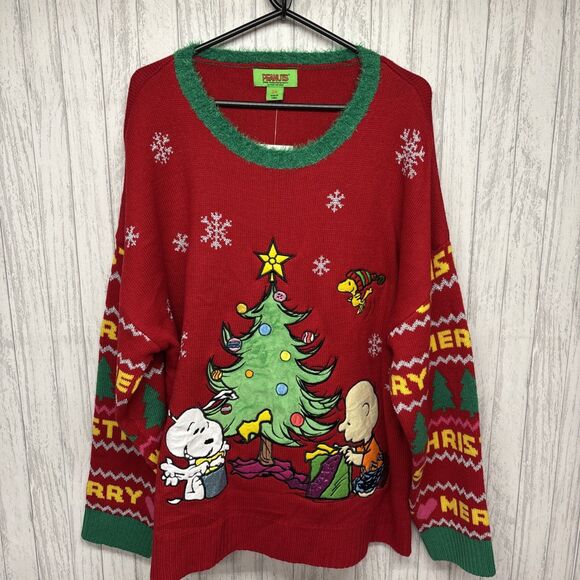Peanuts Sweaters - Peanuts Womens 2X Plus Red Green Snoopy Pullover Sweater Crew Neck Xmas